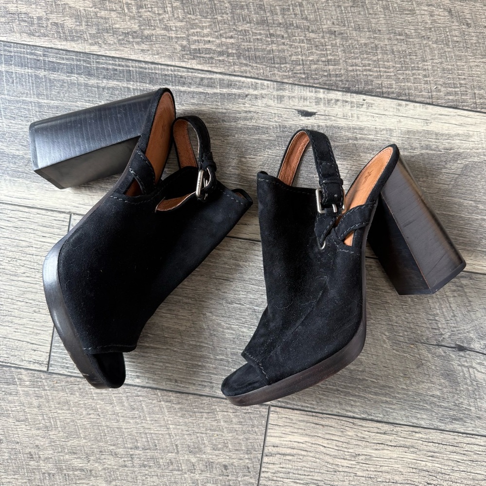 Frye Black Suede Sandals Ankle Boots Block Heel Open Toe Size 11